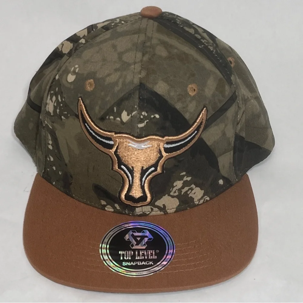 Top Level Bullhead Longhorn SnapBack‎ Cap Camo Embroidered Flat Bill
